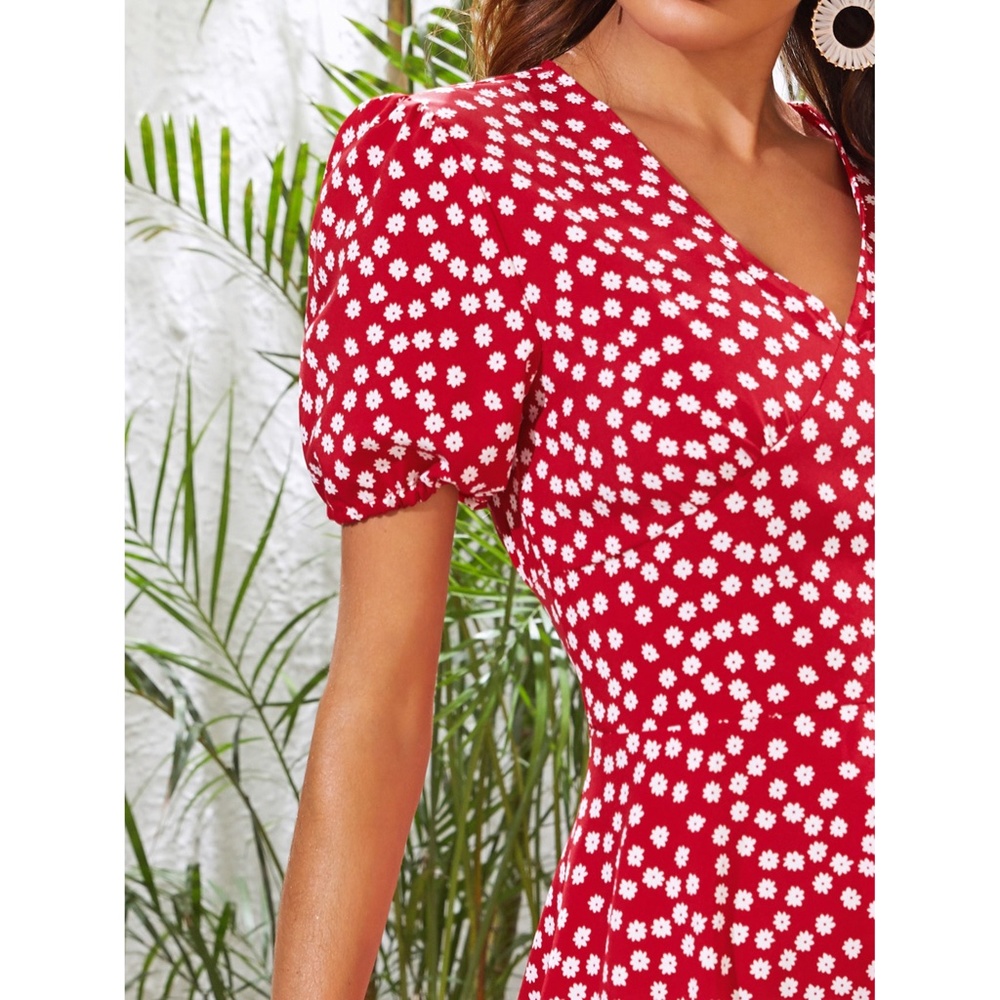 Red Ditsy Floral Puff Sleeve Fit & Flare Dress - Picture 4 of 6